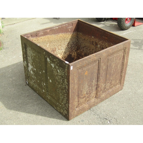 1053 - A weathered 19th century cast iron strong box with panelled frame (lacks lid), 47 cm high x 61 cm sq... 