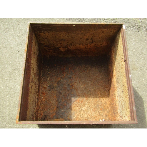 1053 - A weathered 19th century cast iron strong box with panelled frame (lacks lid), 47 cm high x 61 cm sq... 