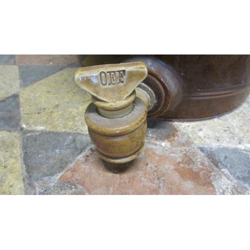 1047 - A glazed and banded stone ware Etherium drinking water barrel, complete with cap and tap, 42cm high