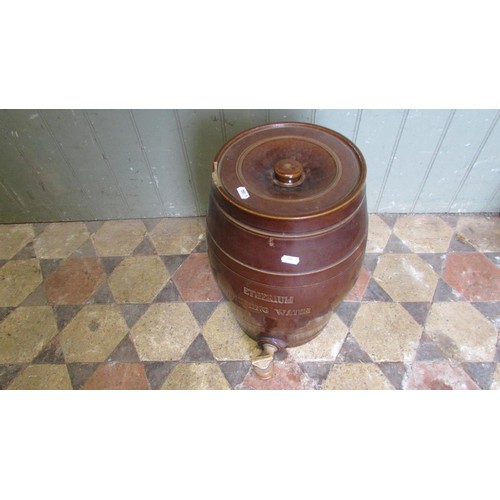 1047 - A glazed and banded stone ware Etherium drinking water barrel, complete with cap and tap, 42cm high