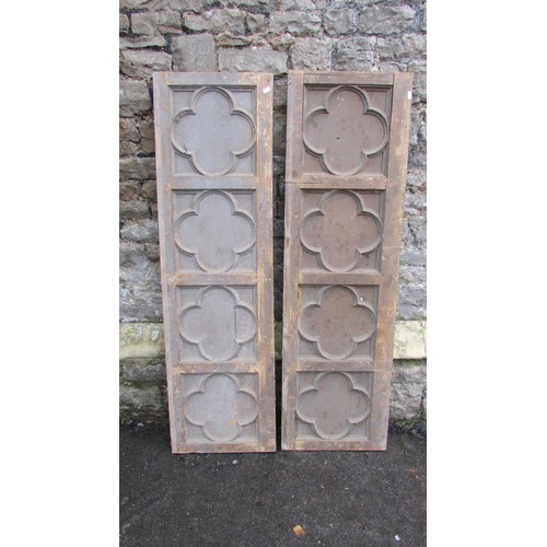 1079 - A pair of antique pine quarter panels with Gothic tracery quatrefoil detail, 142cm high x 41cm wide