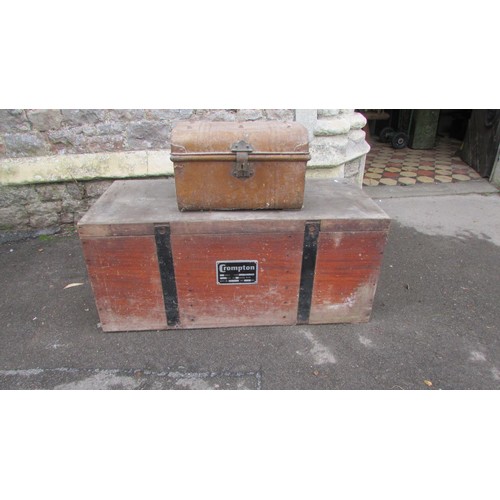 1126 - A teak and steel banded trunk with applied label Crompton, with plywood lid, together with a small t... 