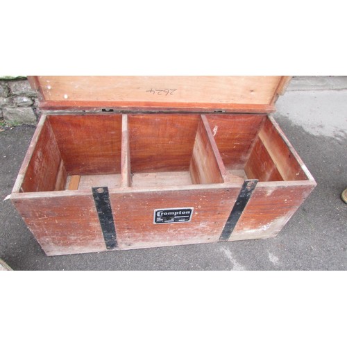 1126 - A teak and steel banded trunk with applied label Crompton, with plywood lid, together with a small t... 