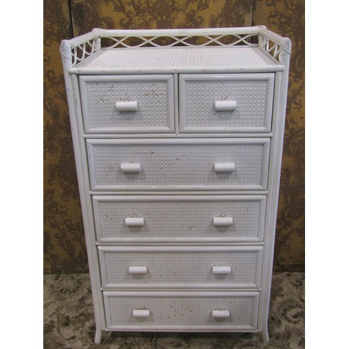 1152 - A vintage cane framed chest of four long and two short drawers with later painted finish, 116 cm hig... 