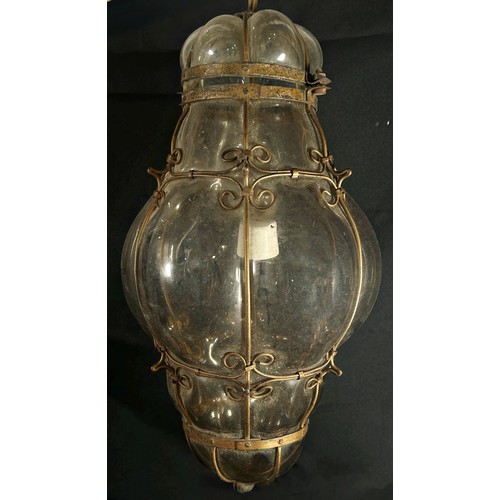 174 - A blown glass lantern with wire work fittings and decorations, 40cm approximately