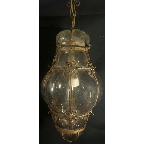 174 - A blown glass lantern with wire work fittings and decorations, 40cm approximately