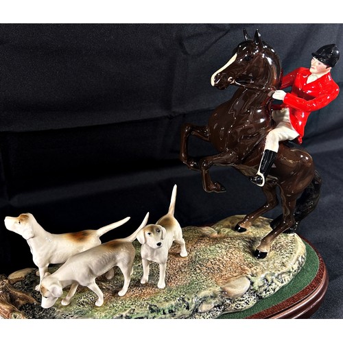 91 - Beswick ‘Tally Ho’, a large hunting tableau group, with huntsman on rearing mount with three hounds,... 