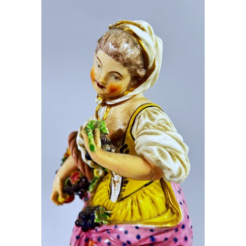 95 - A Bloor Derby figure of a young woman, polychrome decorated, modelled  carrying a basket of fruit, a... 