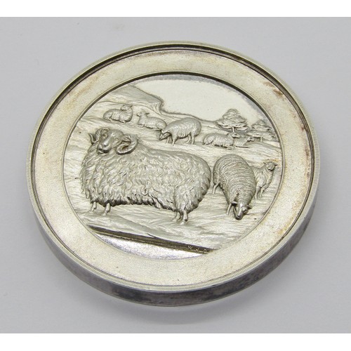 222 - Antique agricultural silver medal with cast ram and sheep, inscribed verso 'Robson's Christmas Show ... 