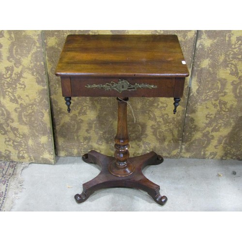 1180 - A 19th century pedestal table with frieze drawer, turned pillar and scrolled feet, 72cm high x 50cm ... 