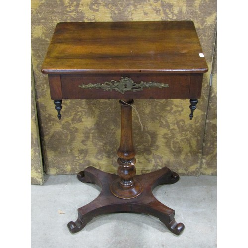 1180 - A 19th century pedestal table with frieze drawer, turned pillar and scrolled feet, 72cm high x 50cm ... 