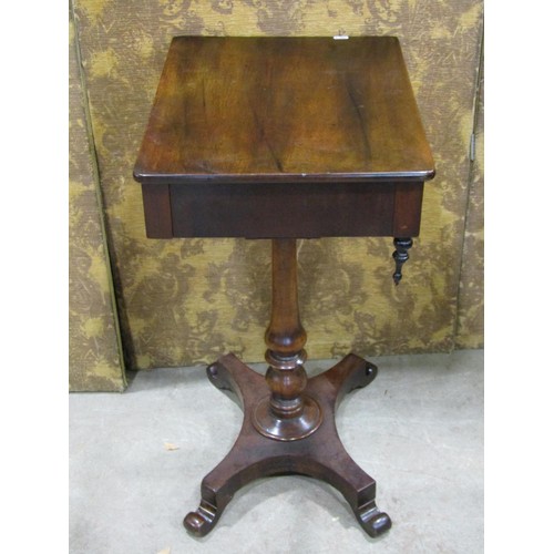 1180 - A 19th century pedestal table with frieze drawer, turned pillar and scrolled feet, 72cm high x 50cm ... 