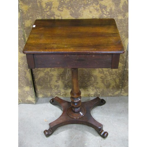 1180 - A 19th century pedestal table with frieze drawer, turned pillar and scrolled feet, 72cm high x 50cm ... 