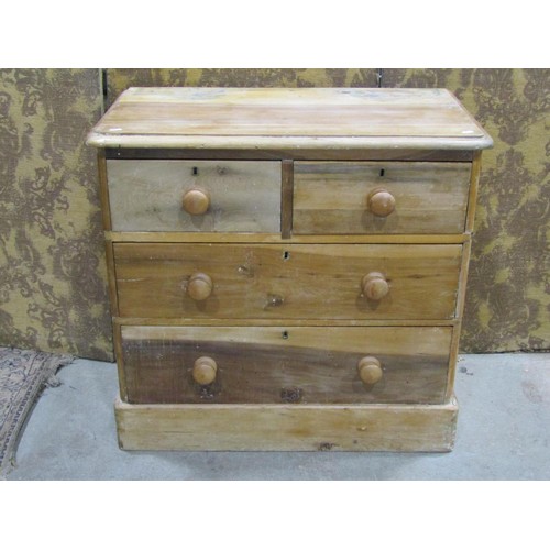 1187 - A Victorian stripped pine bedroom chest of two long and two short drawers set on a plinth, 80cm high... 