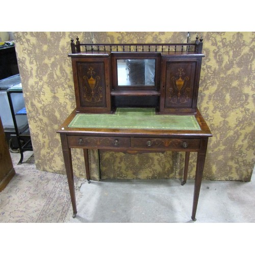 1188 - An inlaid Edwardian rosewood writing desk, the raised back incorporating two cupboards and central m... 