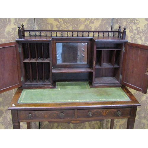 1188 - An inlaid Edwardian rosewood writing desk, the raised back incorporating two cupboards and central m... 