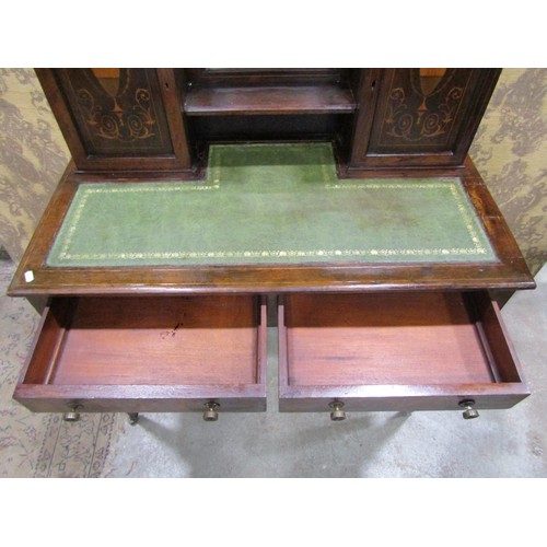 1188 - An inlaid Edwardian rosewood writing desk, the raised back incorporating two cupboards and central m... 