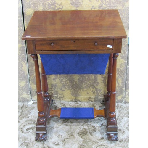 1208 - A 19th century mahogany sewing table fitted with one real and one dummy frieze drawer, raised on tur... 