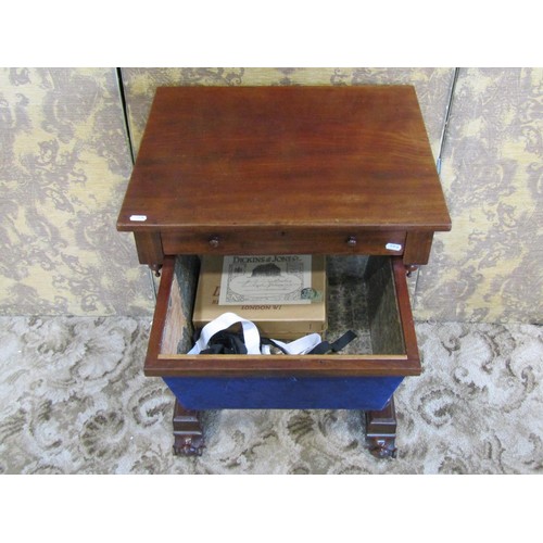 1208 - A 19th century mahogany sewing table fitted with one real and one dummy frieze drawer, raised on tur... 