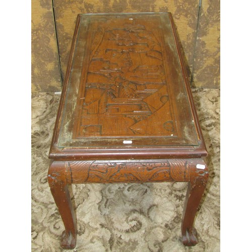 1213 - A Chinese hard wood quartetto nest of tables with carved detail and plate glass tops, the largest 66... 