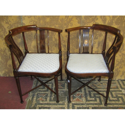 1221 - Two inlaid Edwardian corner chairs (slight variation in design) but both with re-upholstered pad sea... 