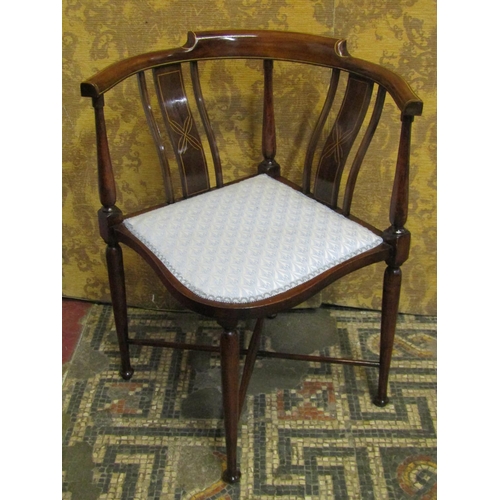 1221 - Two inlaid Edwardian corner chairs (slight variation in design) but both with re-upholstered pad sea... 