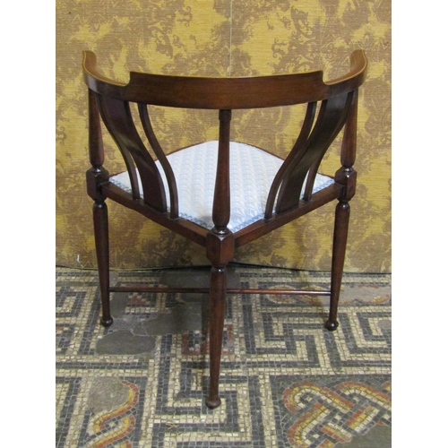 1221 - Two inlaid Edwardian corner chairs (slight variation in design) but both with re-upholstered pad sea... 