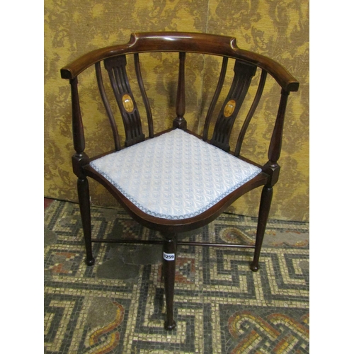 1221 - Two inlaid Edwardian corner chairs (slight variation in design) but both with re-upholstered pad sea... 