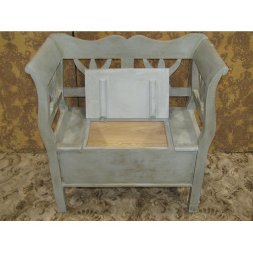 1230 - A painted pine box seat with raised and shaped back, 91cm high x 83cm x 41cm