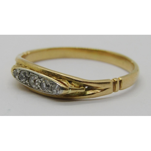 251 - Yellow metal old-cut diamond five stone ring, size R, 2.4g