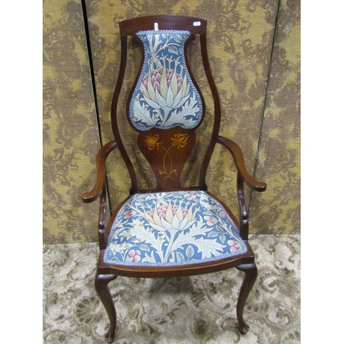 1240 - An Edwardian art nouveau style open elbow chair with partially upholstered shaped splat, inlaid flor... 