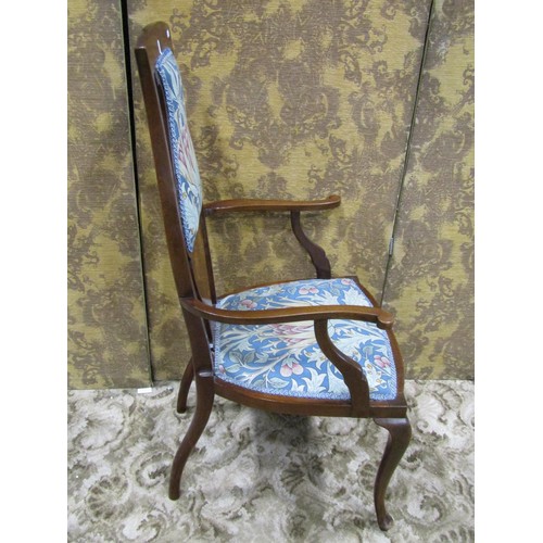 1240 - An Edwardian art nouveau style open elbow chair with partially upholstered shaped splat, inlaid flor... 