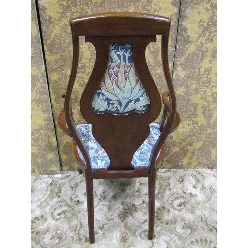 1240 - An Edwardian art nouveau style open elbow chair with partially upholstered shaped splat, inlaid flor... 