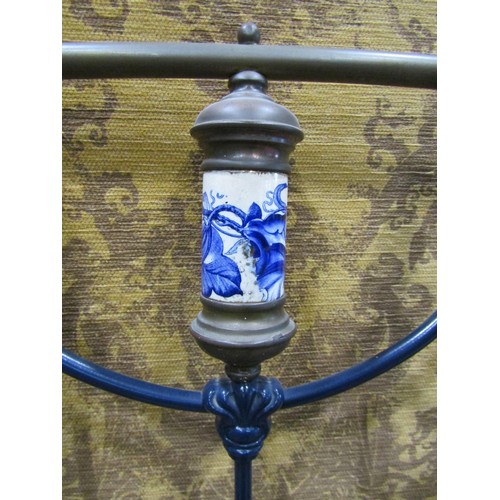 1262 - A Victorian painted brass and iron 4ft 6 double bedstead with blue and white transfer printed detail