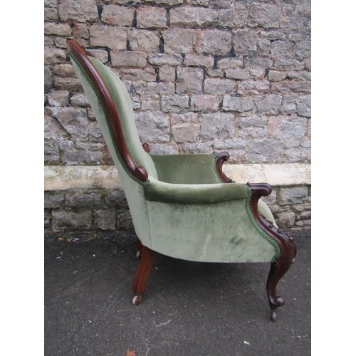 1266 - Two similar Victorian spoon back drawing room chairs with green dralon upholstery, 107 cm high x 70 ... 