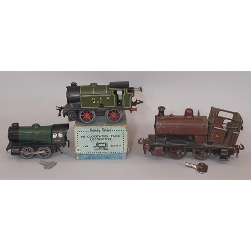 640 - Three Hornby 0 gauge clockwork 0-4-0  locomotives including 1930's L475 LNER Tank Engine with box, a... 