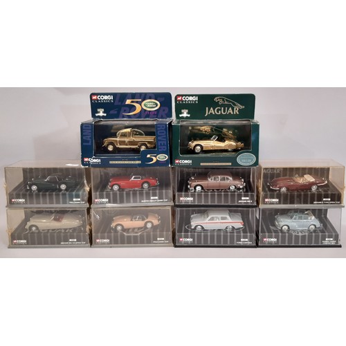 643 - 10 boxed model Classic Cars by Corgi, all in display cases including 50th Anniversary gold plated Ja... 