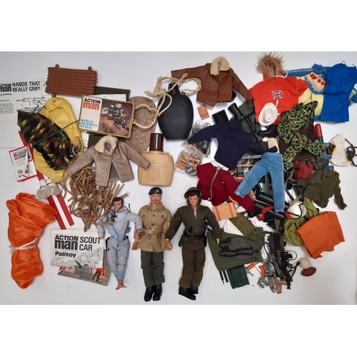 654 - A large collection of unsorted Action Man dolls, clothing, weapons, outdoor equipment etc including ... 