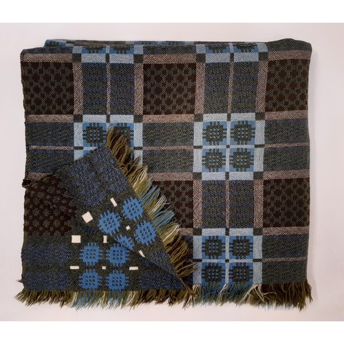 675 - Welsh woollen blanket in tightly woven reversible double weave, in olive green, blue, brown and whit... 