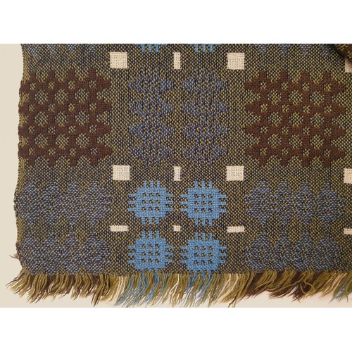 675 - Welsh woollen blanket in tightly woven reversible double weave, in olive green, blue, brown and whit... 