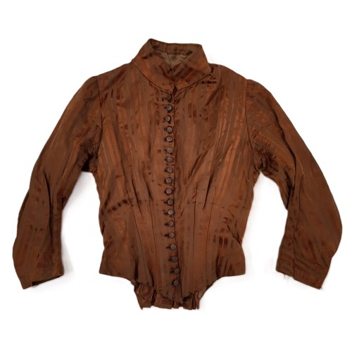 680 - Three late 19th century ladies bodices comprising a brown striped jacket with stayed fitted bodice, ... 