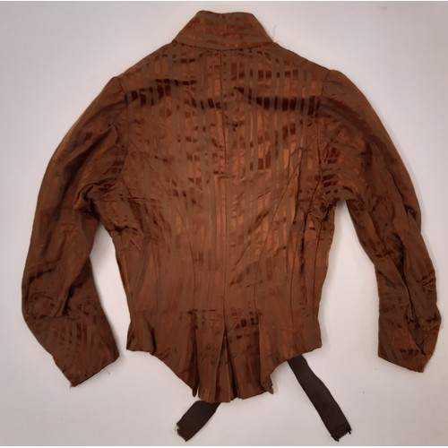 680 - Three late 19th century ladies bodices comprising a brown striped jacket with stayed fitted bodice, ... 