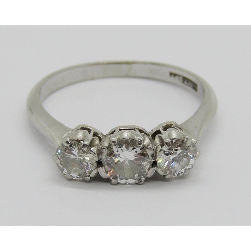 259 - 18ct white gold three stone diamond ring, centre stone 0.50ct approx, outer stones 0.20ct each appro... 