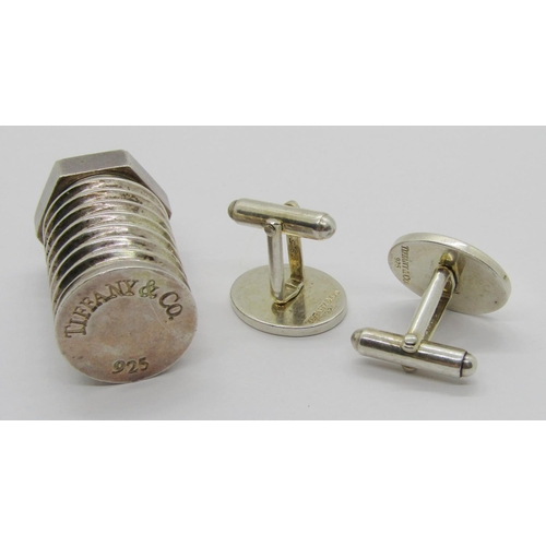 268 - Tiffany & Co. novelty silver pill box in the form of a screw and bolt, 35g, together with a pair of ... 