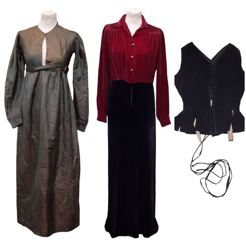 684 - Three garments comprising a 19th century empire style dress in green with a simple neckline, front h... 