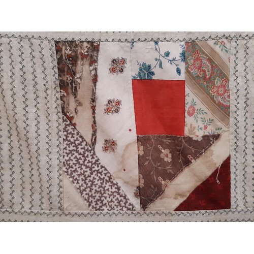 694 - Vintage patchwork panel/ quilt project comprising a hand worked  section of printed cotton patches (... 