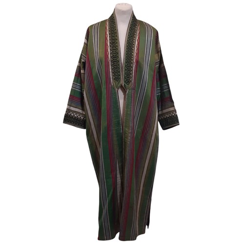 691 - Vintage Afghan style robe in woven striped silk, lined in a printed cotton and with machine embroide... 