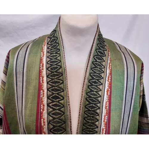 691 - Vintage Afghan style robe in woven striped silk, lined in a printed cotton and with machine embroide... 