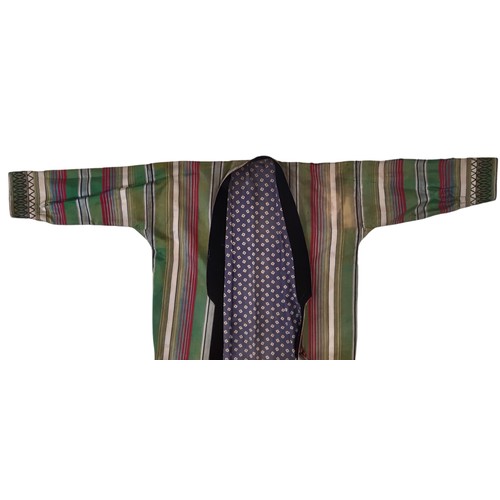 691 - Vintage Afghan style robe in woven striped silk, lined in a printed cotton and with machine embroide... 