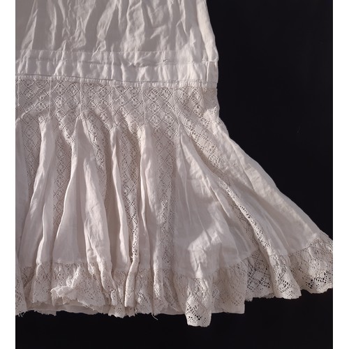 702 - Five white cotton lingerie garments from late 19th to early 20th century comprising a long petticoat... 